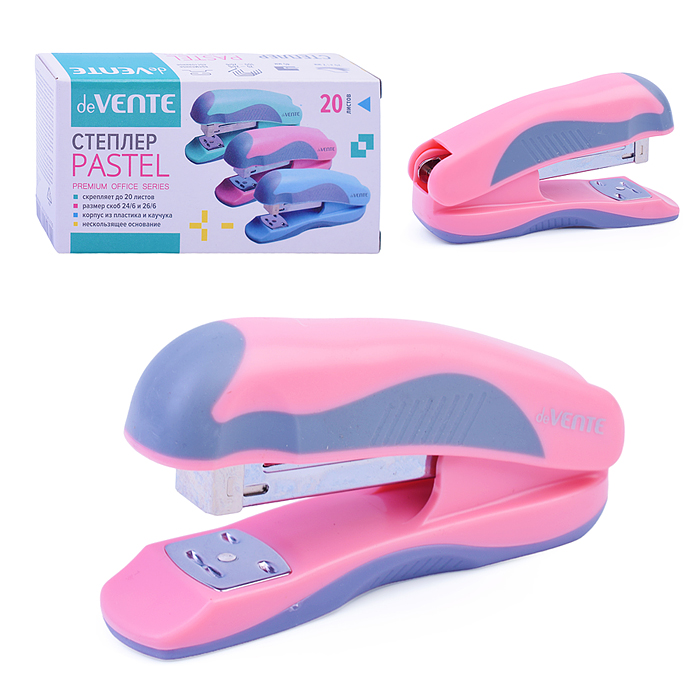 Степлер "Pastel" 24/6&26/6 (мощность 20 листов, глубина скрепления 45 мм) пластиковый с кау