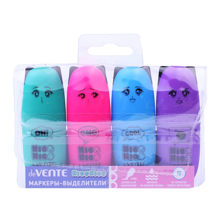 Набор маркеров-выделителей "NicoNico" (04 цв - цвета: бирюза, роз, голуб., фиол) плоский