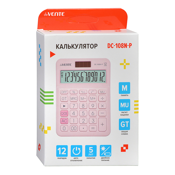 Фото к товару Калькулятор настольный DC-108N-P, 98x136x31 мм, 12 разрядный Калькулятор настольный DC-108N-P, 98x136x31 мм, 12 разрядный