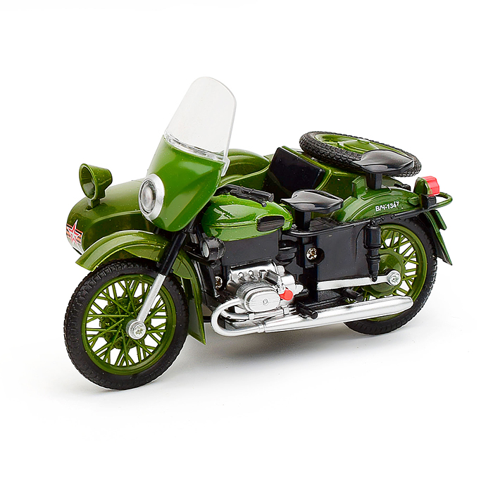 Модель металл Мотоцикл с коляской, Армия России 13 см, (свет-звук,зелен.,)в коробке