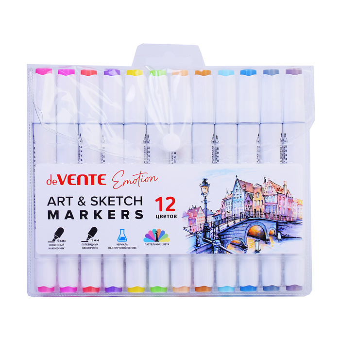 Фото к товару Набор маркеров для скетчинга "Emotion" 12 пастельных цветов, двусторонние (пулевидный 1 мм/ Набор маркеров для скетчинга "Emotion" 12 пастельных цветов, двусторонние (пулевидный 1 мм/
