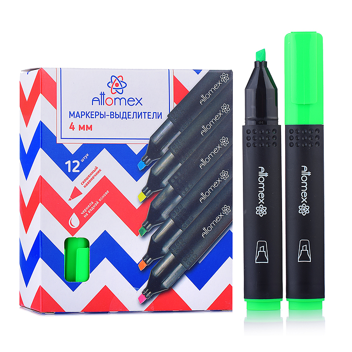 Маркер-выделитель "Attomex" плоский корпус с клипом, скошенный наконечник, ширина линии 1-4 мм, зеле