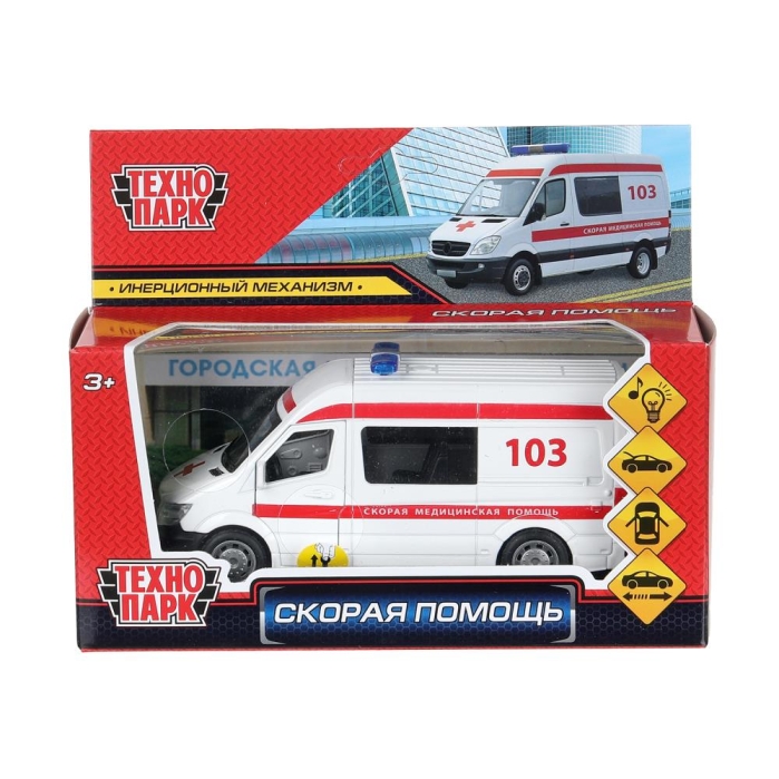 Машина металл свет-звук "Скорая помощь" 14,5см, двери, багаж, инерц, бел, кор. Машина металл свет-звук "Скорая помощь" 14,5см, двери, багаж, инерц, бел, кор.