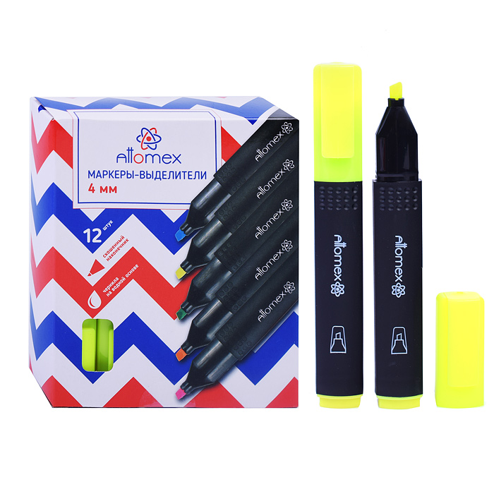 Маркер-выделитель "Attomex" плоский корпус с клипом, скошенный наконечник, ширина линии 1-4 мм, желт