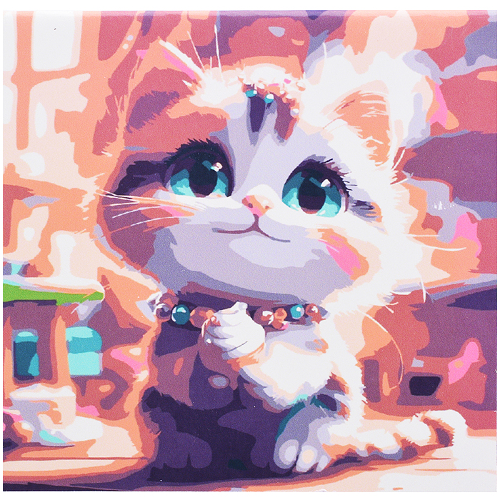 Холст с красками 20х20 по номерам "Кошечка с пирожным" в коробке (16цв.) 