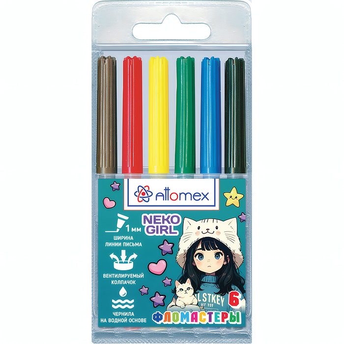 Фломастеры "NekoGirl" 06 цветов с вентилируемым колпачком, в пластиковом блистере Фломастеры "NekoGirl" 06 цветов с вентилируемым колпачком, в пластиковом блистере