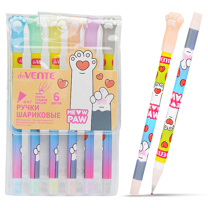 Набор ручек шариковых "Meow Paw" 6 цветов, d=0,7 мм, пластиковый корпус