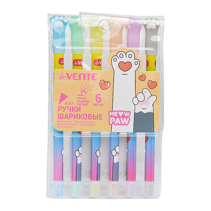 Фото к товару Набор ручек шариковых "Meow Paw" 6 цветов, d=0,7 мм, пластиковый корпус Набор ручек шариковых "Meow Paw" 6 цветов, d=0,7 мм, пластиковый корпус