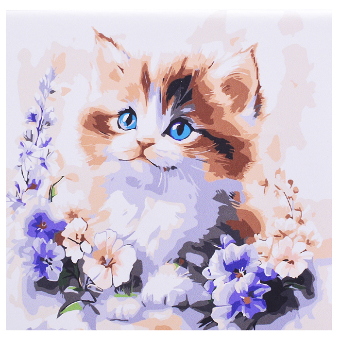Холст с красками 20х20 по номерам "Котёнок в цветах в коробке" (16цв.) 