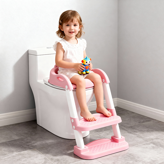 Фото к товару Детская накладка на унитаз со ступенькой (розовый) Детская накладка на унитаз со ступенькой (розовый)