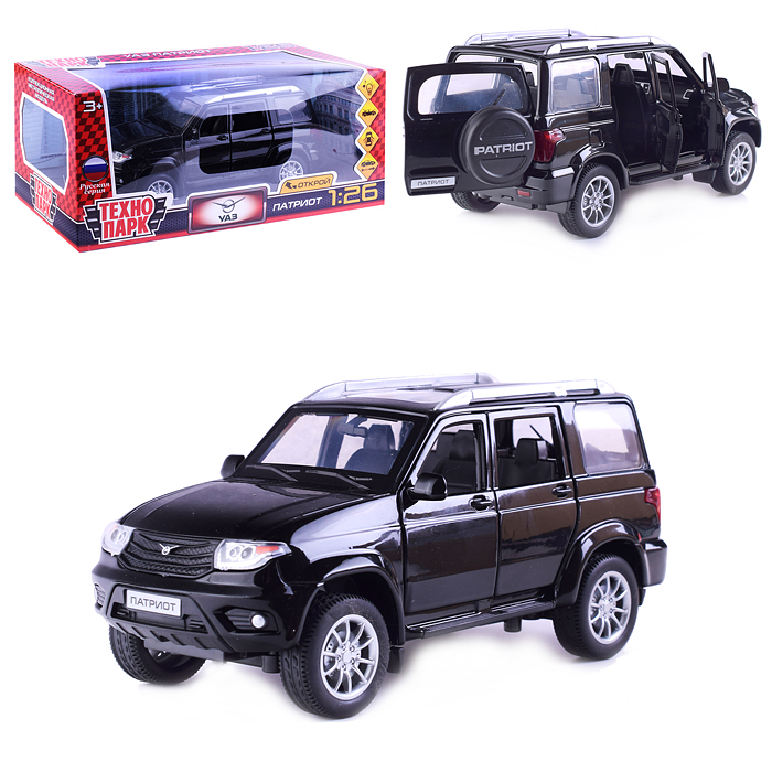 Машина металл UAZ Патриот 17,8 см, (свет-звук, откр. двери, черн.) инерц., в коробке