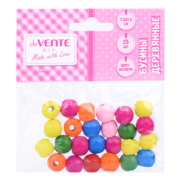 Бусины декоративные деревянные, размер 13x13 мм, 25 шт ассорти цветов, в пластиковом пакет