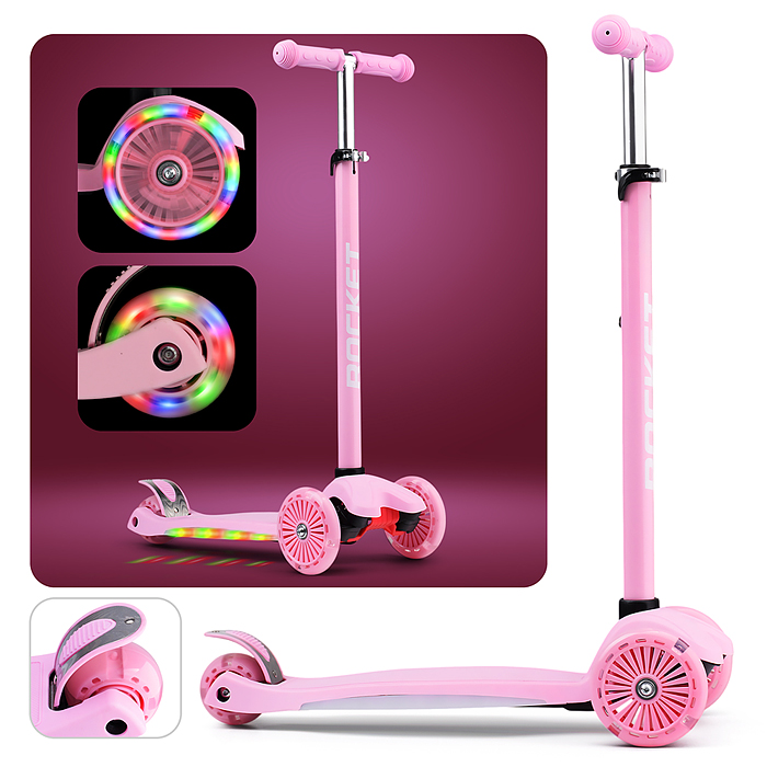 Самокат 3-х колесный ROCKET,колеса PU со светом, ABEC 7, розовый