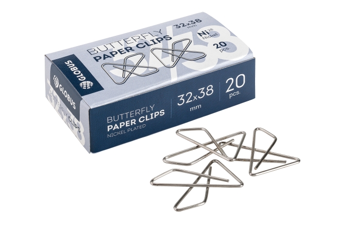 Скрепки-бабочка L32Х38 мм 20 шт. карт. упаковка, никелированные 