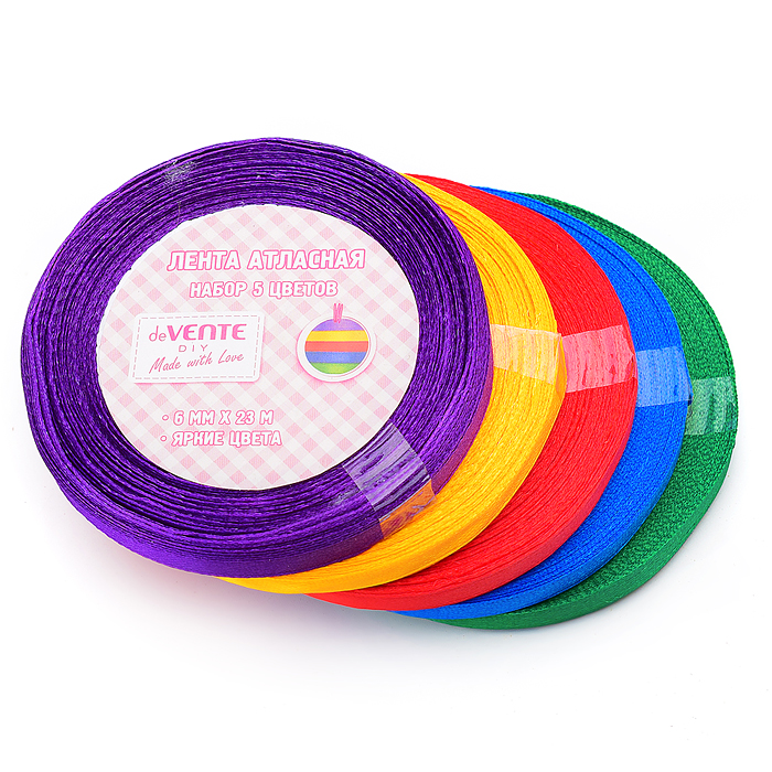 Набор лент декоративных атласных 6 мм x 23 м, 5 шт, пенополистероловая втулка, в термоусад.пленке
