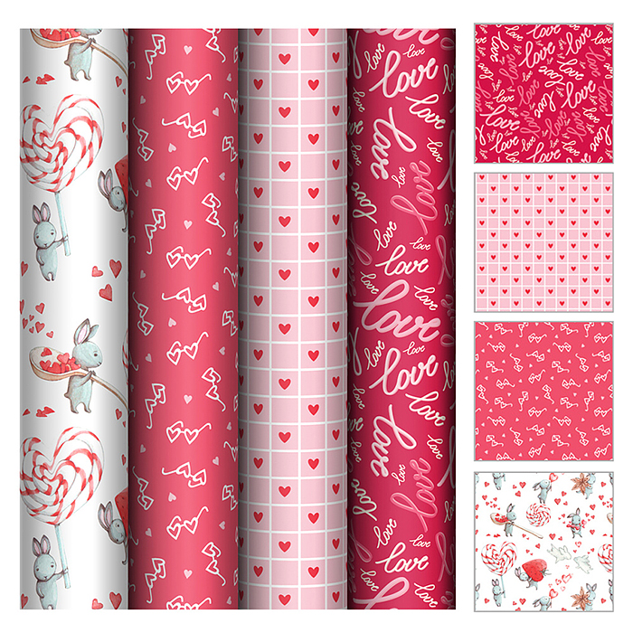 Упаковочная бумага глянц. 70*100см, "Love", 80 г/м2, ассорти, 4 дизайна