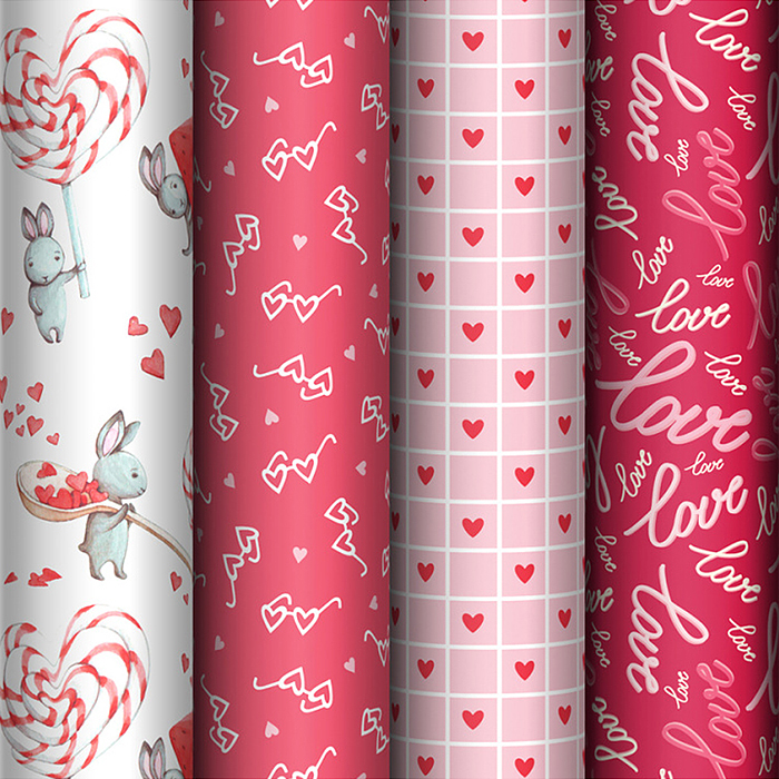 Упаковочная бумага глянц. 70*100см, "Love", 80 г/м2, ассорти, 4 дизайна