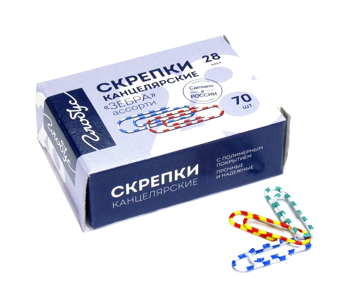 Скрепки L28 мм 70 шт., карт. упаковка, зебра Скрепки L28 мм 70 шт., карт. упаковка, зебра