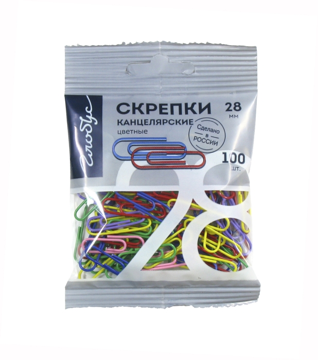 Скрепки L28 мм 100 шт., пакет, европодвес, цветные Скрепки L28 мм 100 шт., пакет, европодвес, цветные