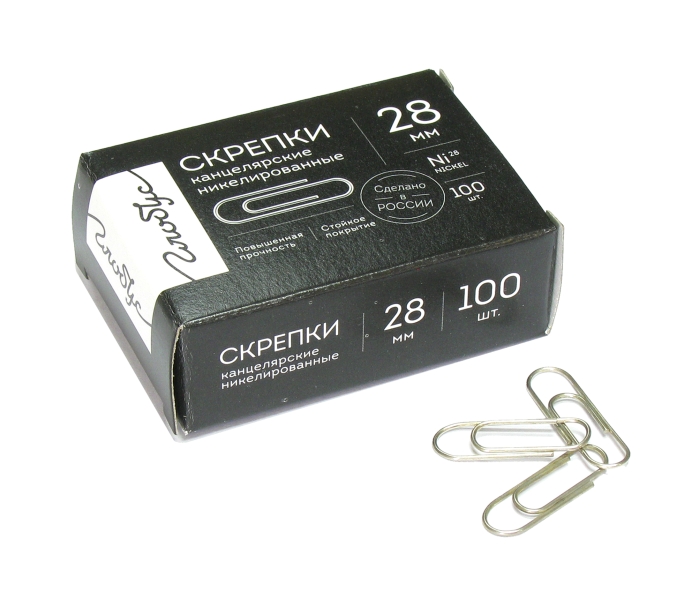 Скрепки канцелярские "Quality" L28 мм 100 шт., карт.упаковка,никелированные 