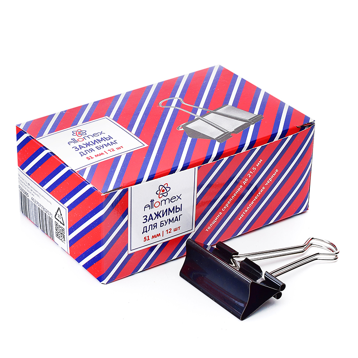 Зажим для бумаг "Attomex" металлический (51 мм) толщина скрепления до 21,5 мм, черный, 12 шт в карто