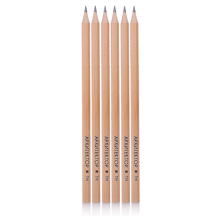 Карандаш чернографитный "Архитектор" 6 шт в наб (2Т, Т, ТМ-2, М, 2М) диаметр грифеля 2 мм,