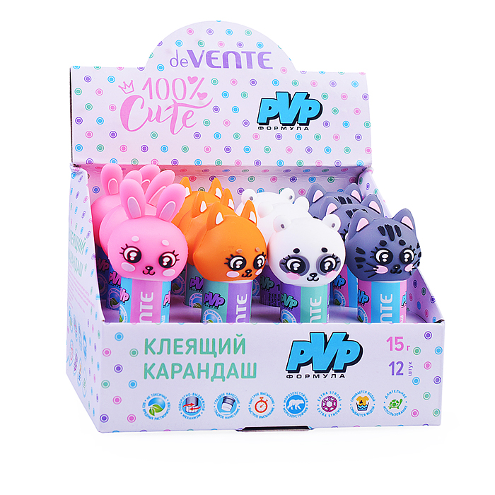 Клеящий карандаш PVP основа "100% Cute" 15 г (быстросохнущий) с фигуркой на колпачке, ассорти