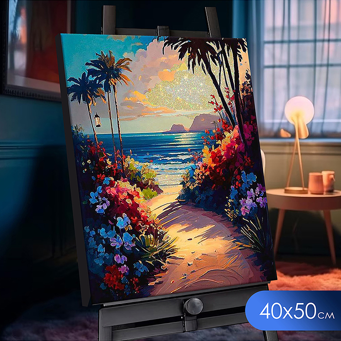 Картина п о номерам 40х50 "Тропическая бухта" с кристаллами из хрусталя (28 цветов)