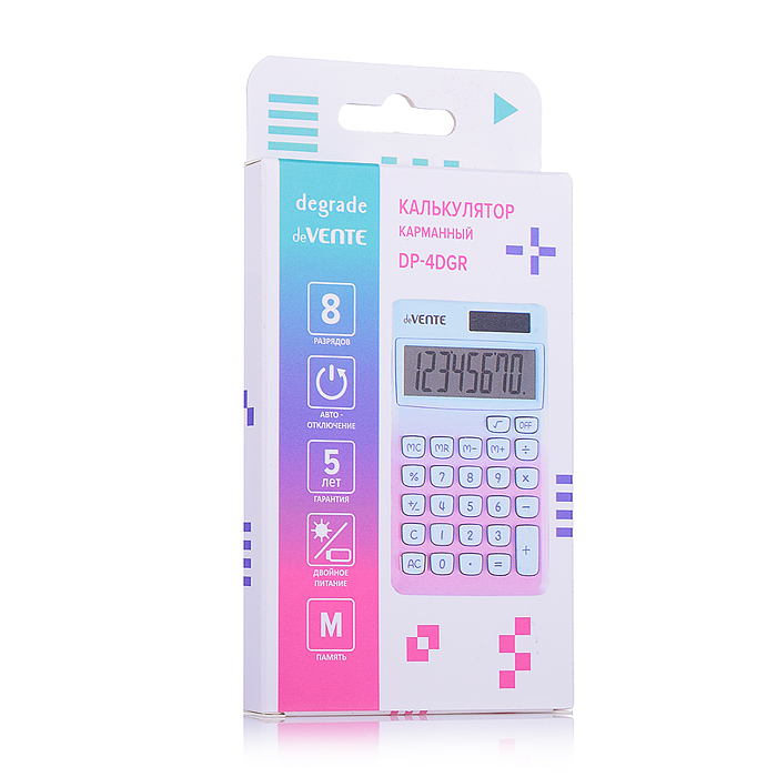 Фото к товару Калькулятор карманный "Degrade" DP-4, 70x118x11 мм, 8 разрядный, работа с памятью, автомати Калькулятор карманный "Degrade" DP-4, 70x118x11 мм, 8 разрядный, работа с памятью, автомати