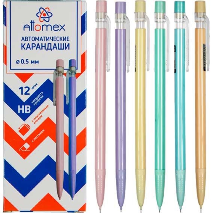 Карандаш автоматический "Attomex" d=0,5 мм, НВ, непрозрачный корпус пастельных оттенков, с пластиков