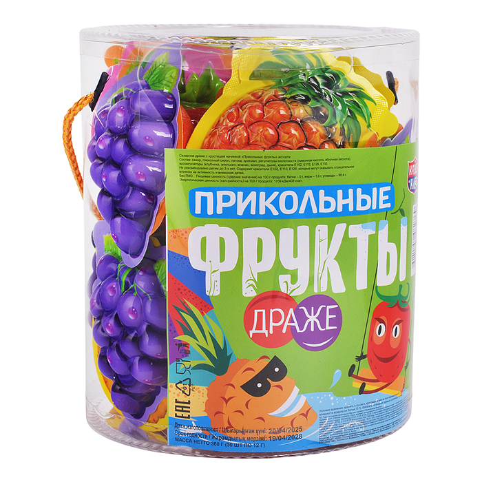 Фото к товару Сахарное драже с хрустящей начинкой "Прикольные фрукты" ассорти 12гр*30шт Сахарное драже с хрустящей начинкой "Прикольные фрукты" ассорти 12гр*30шт