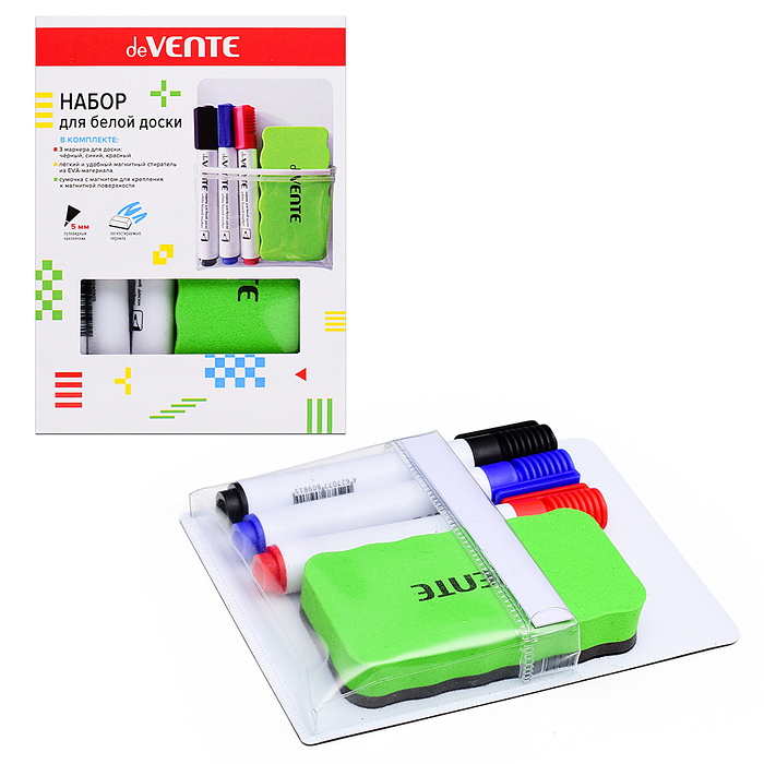 Набор маркеров для белой доски + магнитная стирательная губка (3цв - черный, синий, красный) 