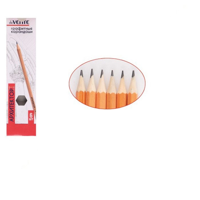 Карандаш чернографитный "Архитектор" 06 шт в наб (2Т, Т, ТМ-2, М, 2М) диаметр грифеля 2 мм,