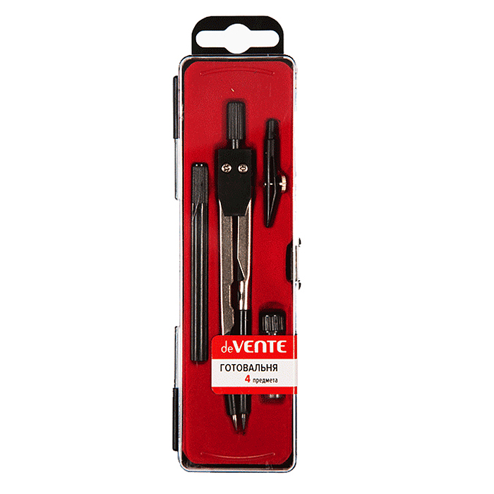 Готовальня (04 предмета) в пластиковом футляре с блистерным подвесом, красный корекс Готовальня (04 предмета) в пластиковом футляре с блистерным подвесом, красный корекс