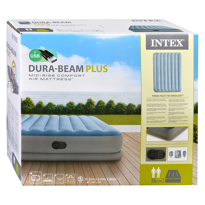 Матрас надувной 152х203х36см со встр. насосом USB 5V, до 272кг, 64159 INTEX