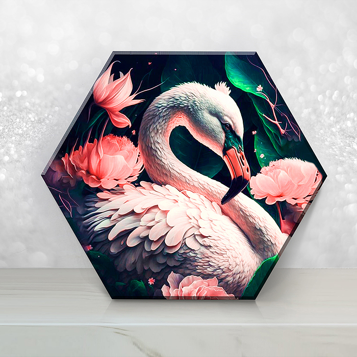 Картина по номерам 37х32 "Фламинго в цветах Гексагон" с крист. из хрусталя, чёрный холст 23 цвета