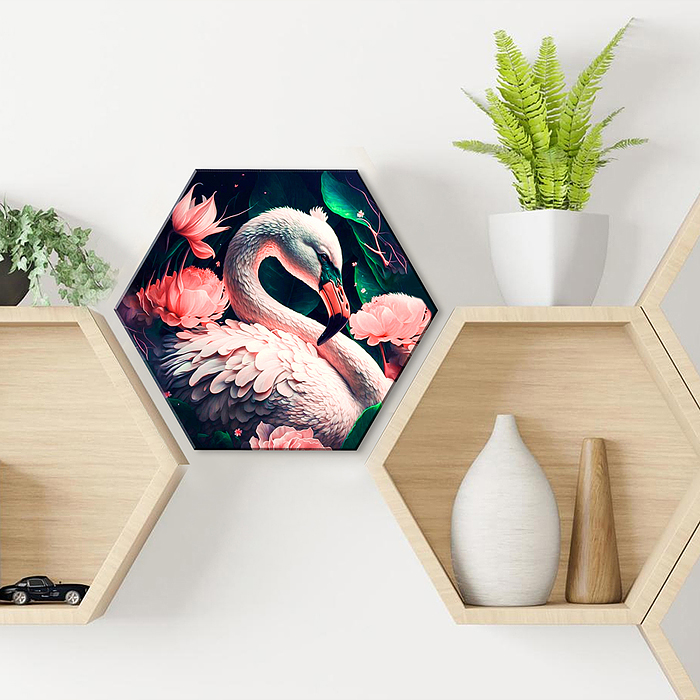 Картина по номерам 37х32 "Фламинго в цветах Гексагон" с крист. из хрусталя, чёрный холст 23 цвета