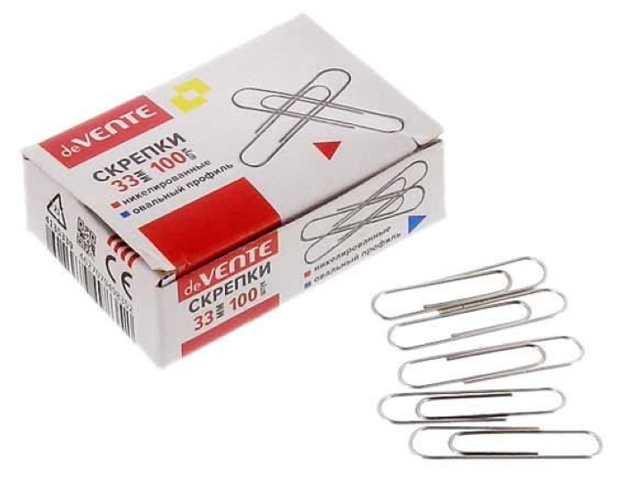 Скрепки металлические овальные никелированные 33 мм, 100 шт в картонной коробке