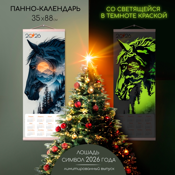 Панно-календарь по номерам 35х88 "Лошадиные грезы" 2026 со светящ краской (15 цветов)