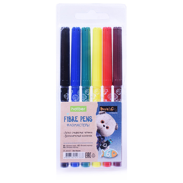 Фломастеры "ECO" 6 цв. "Кот Басик" в блистере с европодвесом