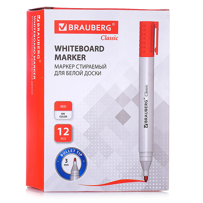 Маркер стираемый для белой доски Красный, "CLASSIC", 3 мм, с клипом