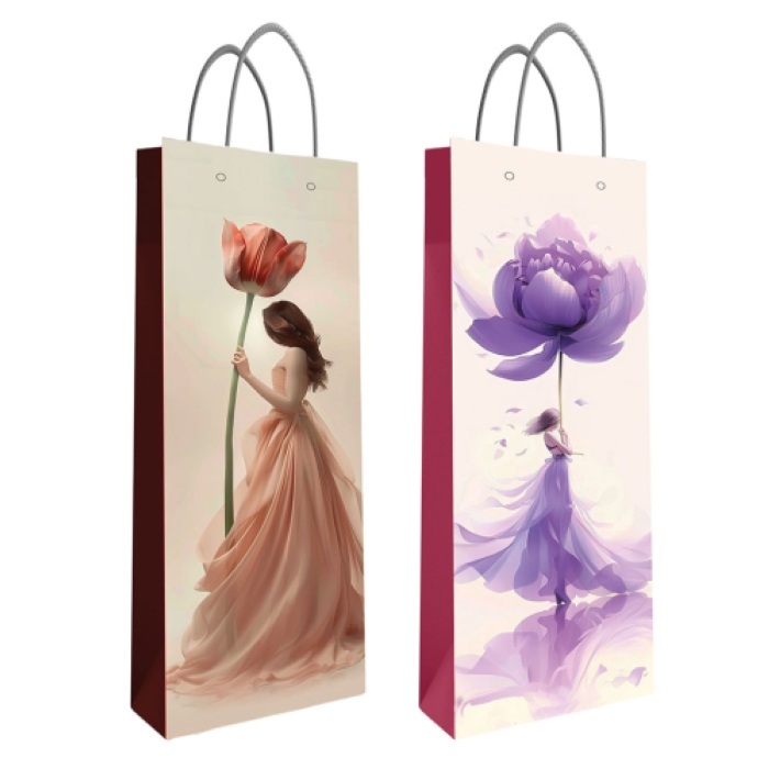 Пакет ламинированный под бутылку "Девушка-цветок" 11х36х9 см, 210гр/м2, микс 2 дизайна
