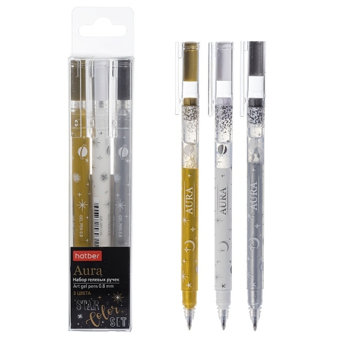 Набор гелевых ручек "Aura" 0,8мм 3 шт. (золото, серебро, белая) в индивидуальной упаковке