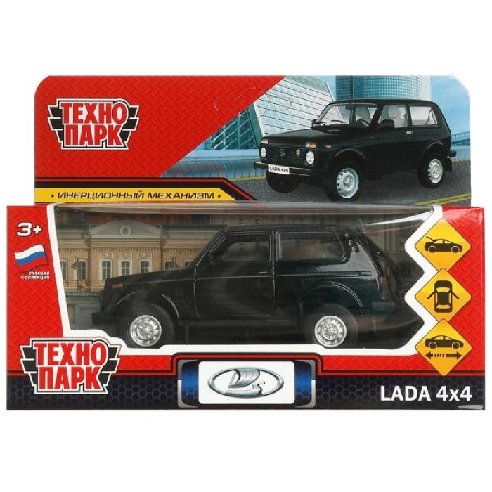Машина металл LADA 4x4 длина 12 см, двери, багаж, инерц, черный, коробка