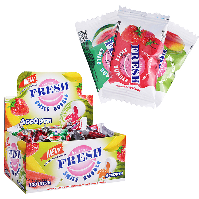Резинка жевательная дражированная "FRESH SMILE Bubble" ассорти с жидкими центром 100шт