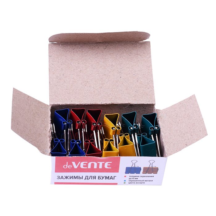 Зажим для бумаг металлический (19 мм) толщина скрепления до 6 мм, цветной ассорти, 12 шт в