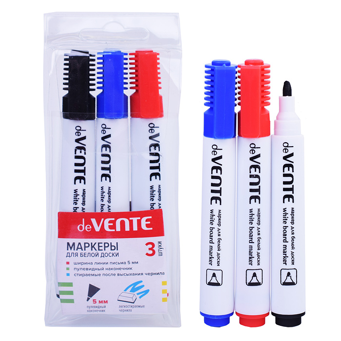 Набор маркеров для белой доски (03 цв - красн, син, черн) круглый корпус с клипом, пулевид