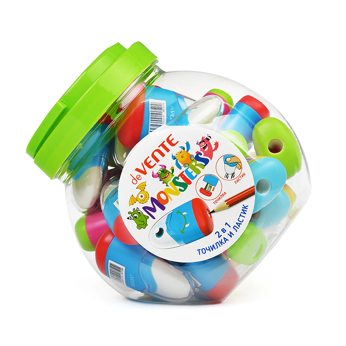 Точилка и ластик 2 в 1 "Monsters" 1 отверстие, пластиковая цветная с контейнером, ластик бе