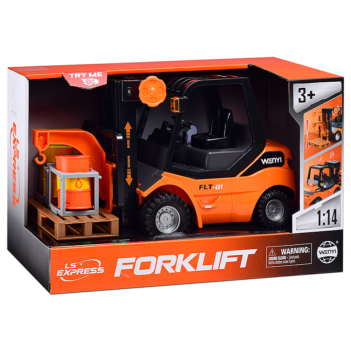 Погрузчик WY372A "Вилочный" с поддоном и бочками, 1:14 (свет,звук) в коробке