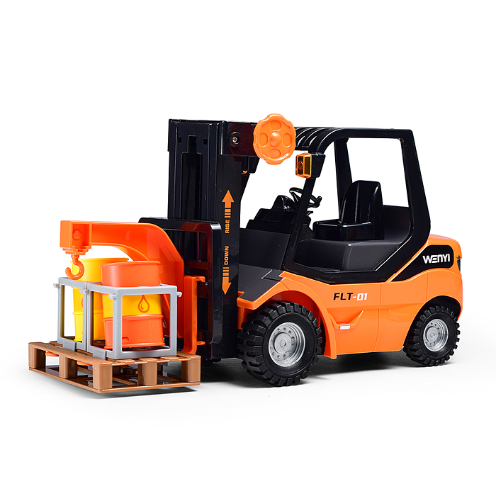 Погрузчик WY372A "Вилочный" с поддоном и бочками, 1:14 (свет,звук) в коробке